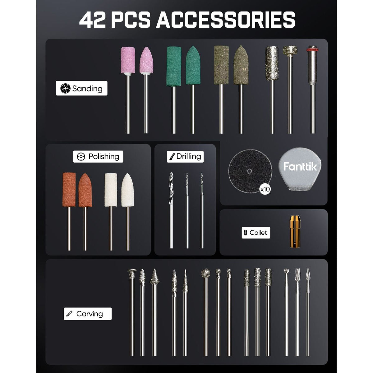 Fanttik Master Refill 42Pcs 3/32" Rotary Tool Accessory Kit